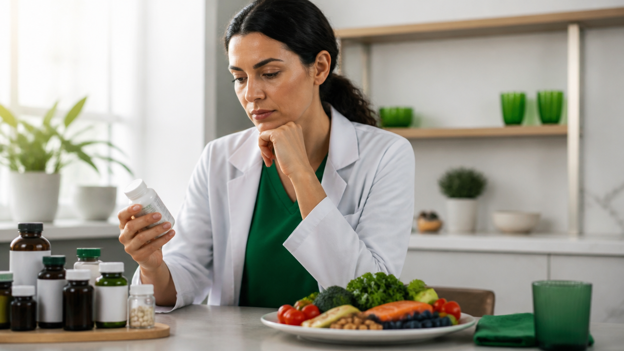 Pessoa comparando frascos de suplementos com alimentos em uma mesa, avaliando se realmente precisa suplementar