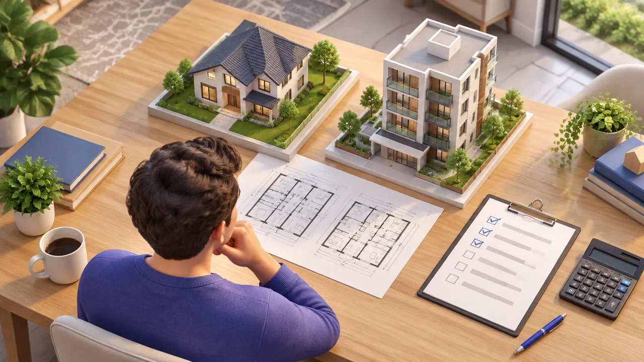Pessoa comparando opções de imóveis com planta, maquetes e lista de verificação