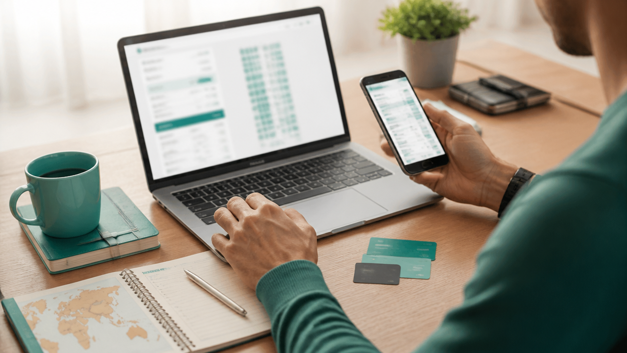 Pessoa comparando opções de milhas e passagens em notebook e celular