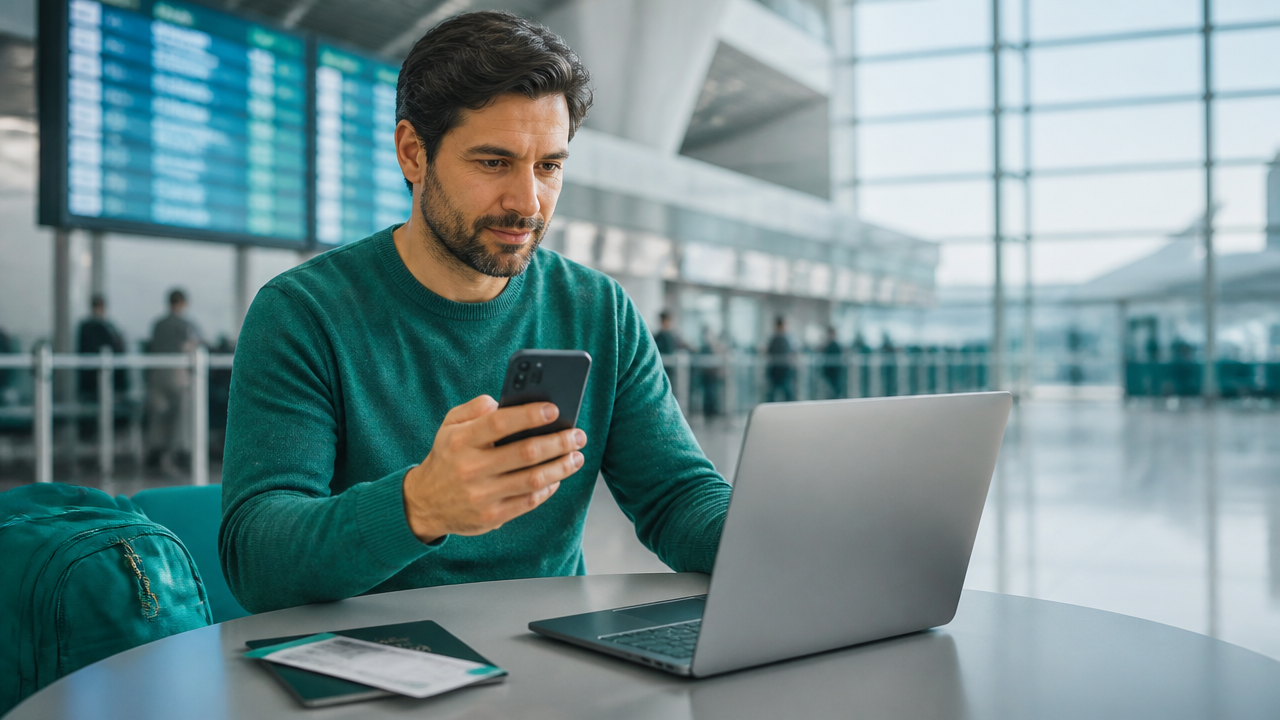 Pessoa comparando preços de passagens em aeroporto moderno, com celular, laptop e documentos de viagem.