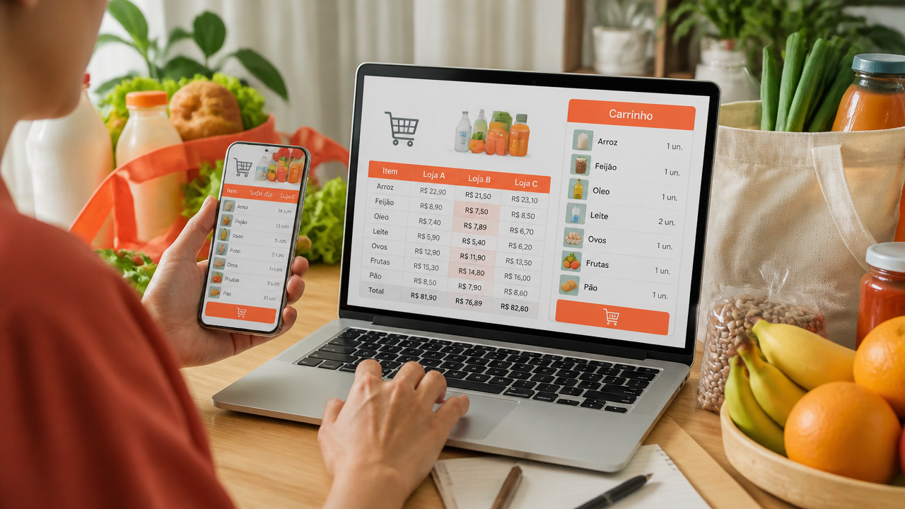 Pessoa comparando preços de supermercado online no notebook e no celular antes de fechar a compra