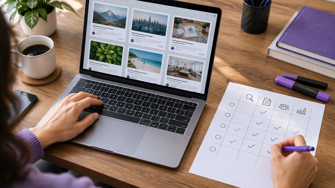 Pessoa comparando sites e critérios editoriais para escolher oportunidades de guest post