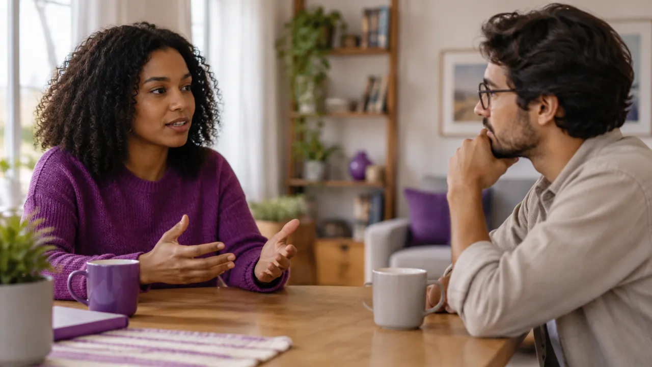 Pessoa comunica um limite com calma durante uma conversa respeitosa à mesa.