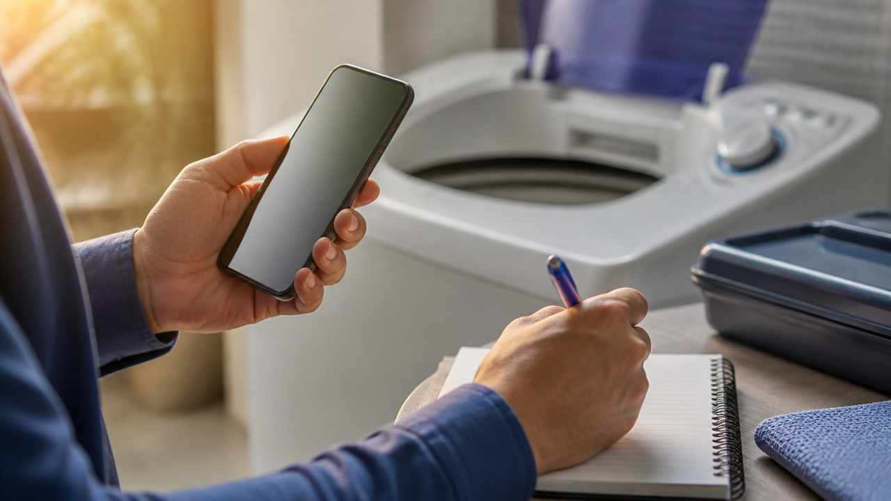 Pessoa conferindo contatos de assistência técnica no celular ao lado de uma máquina de lavar