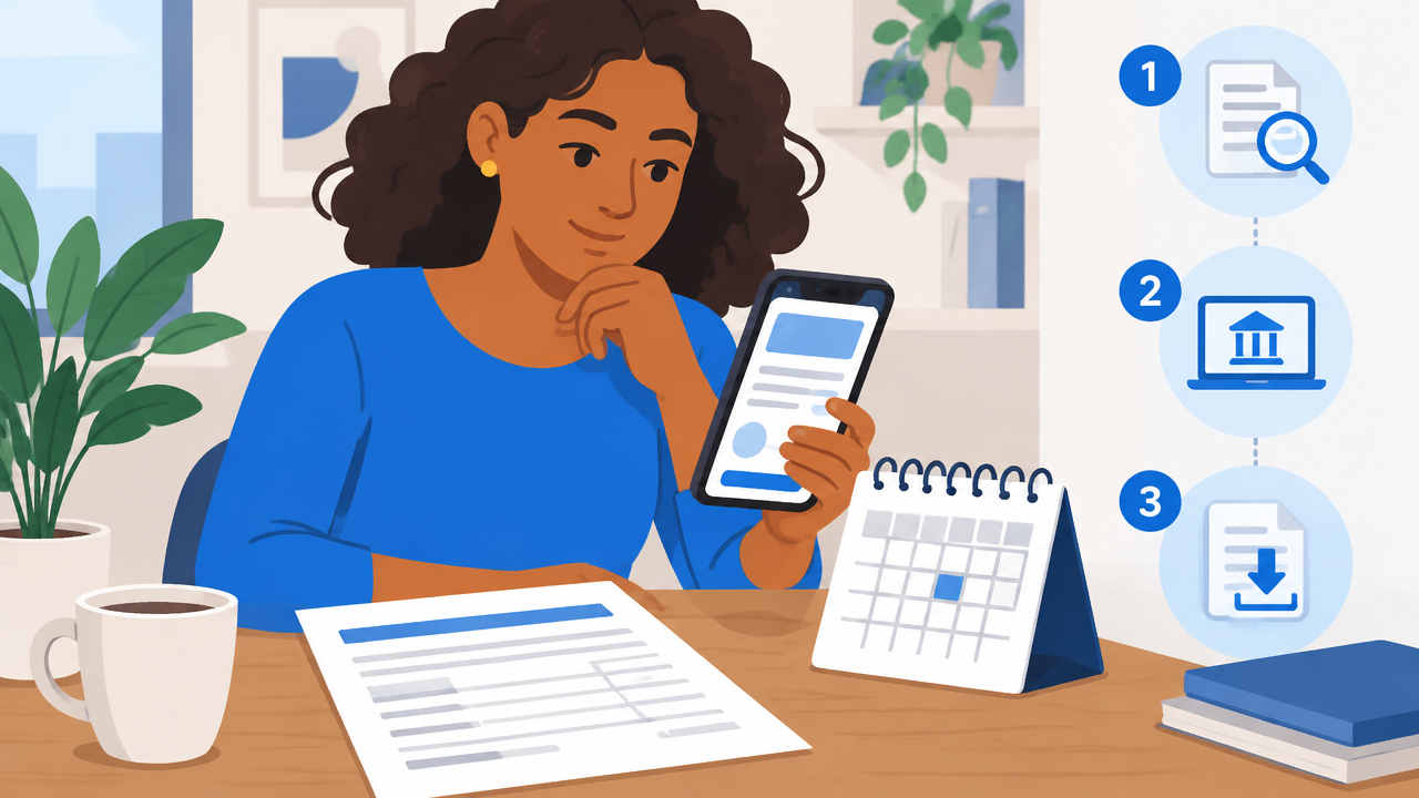 Pessoa conferindo uma cobrança de empréstimo no celular e comparando o valor com o contrato e o calendário