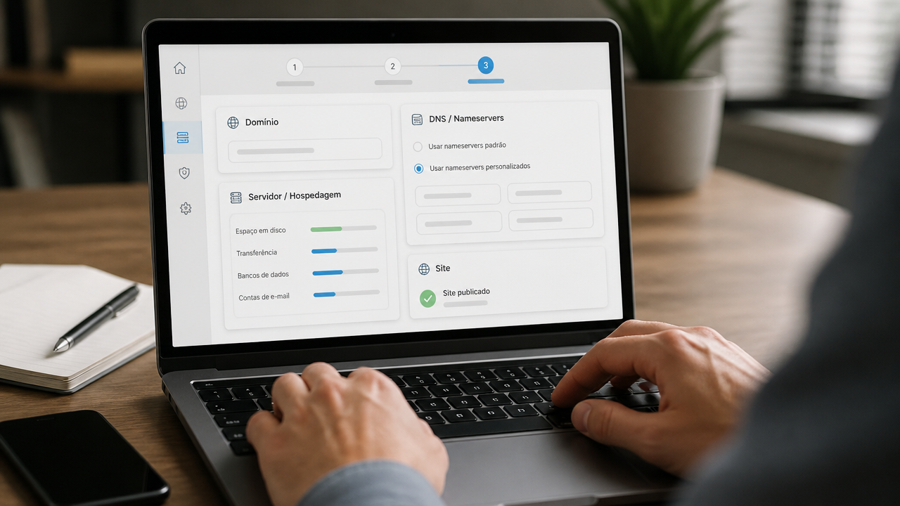 Pessoa configurando DNS e conectando um domínio à hospedagem em um notebook