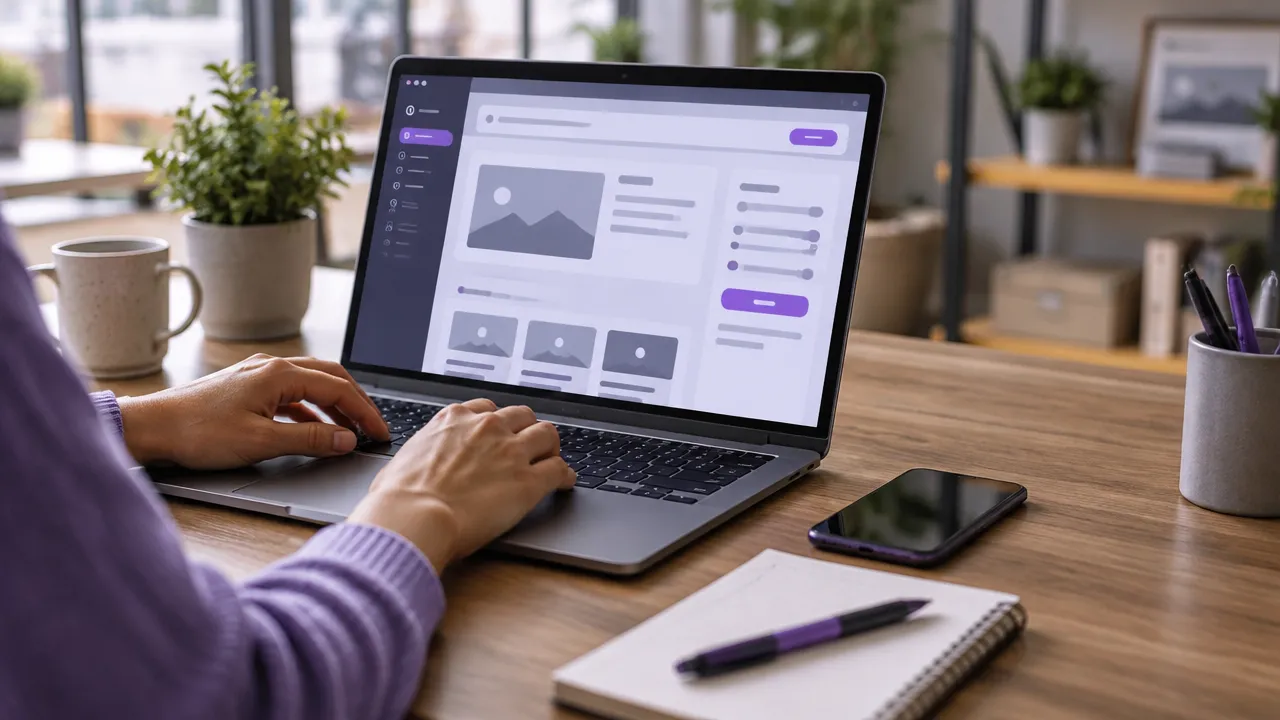 Pessoa configurando o site e conectando um domínio empresarial em um notebook