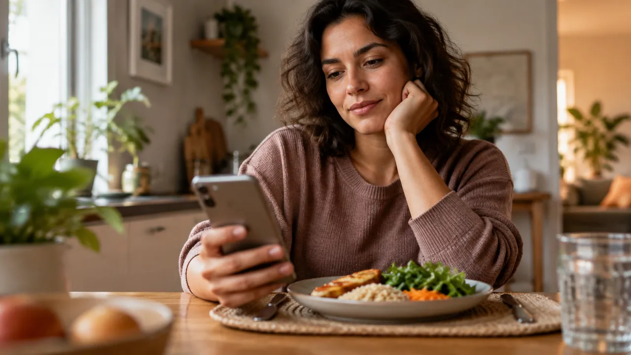 Pessoa consulta o celular diante de uma refeição, ilustrando como conteúdos digitais podem influenciar escolhas alimentares.