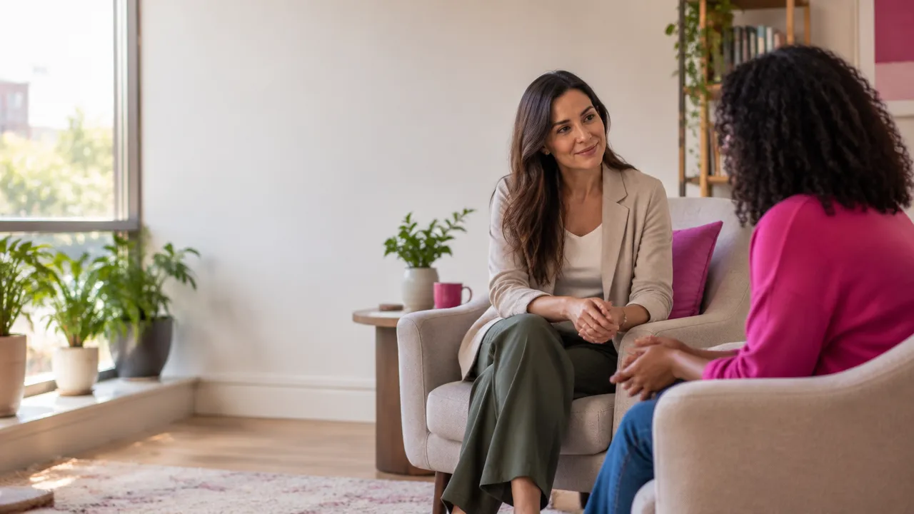 Pessoa conversa com acolhimento com uma profissional de saúde mental em uma sala tranquila.
