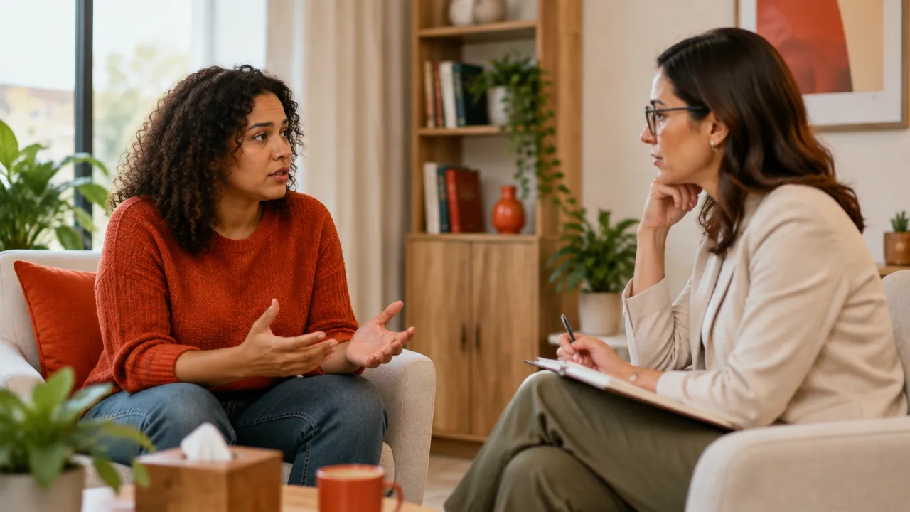 Pessoa conversa com profissional de saúde em ambiente acolhedor para buscar ajuda diante do esgotamento