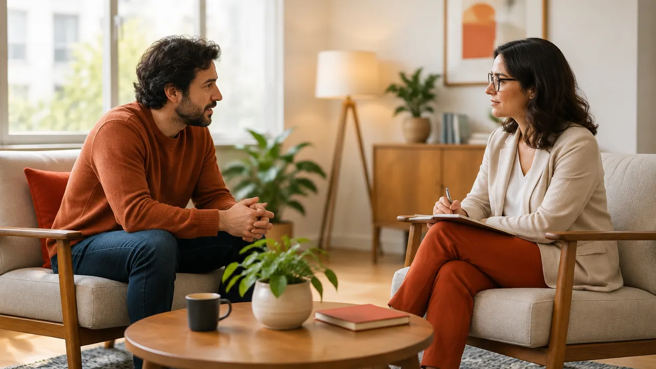 Pessoa conversa com profissional de saúde mental em ambiente acolhedor, ilustrando a busca de apoio para o esgotamento profissional.