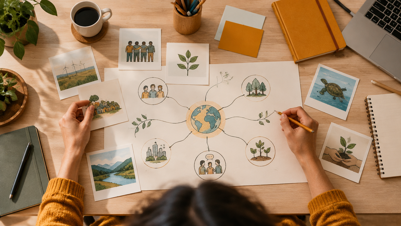 Pessoa criando um mapa mental sobre interdependência global em uma mesa de trabalho