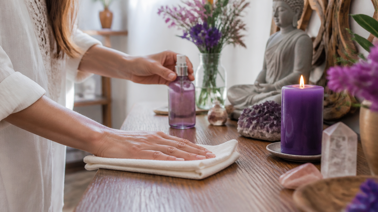 Pessoa cuidando da limpeza e organização de um altar espiritual em casa.