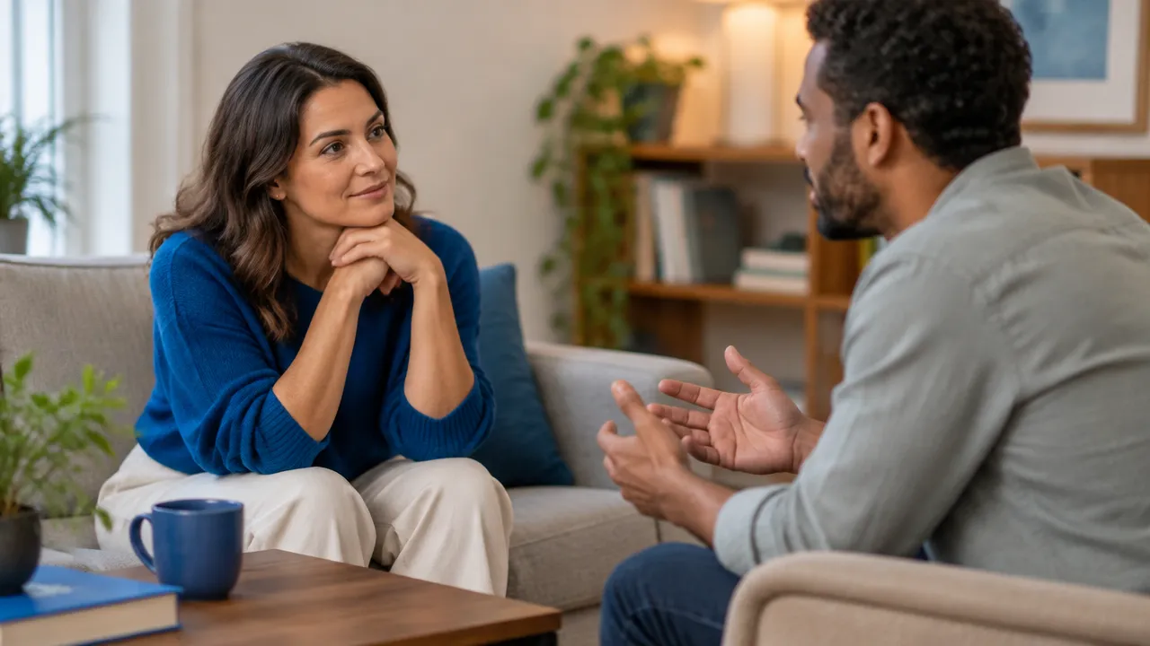 Pessoa demonstra escuta consciente com postura relaxada, atenção no interlocutor e distância respeitosa.
