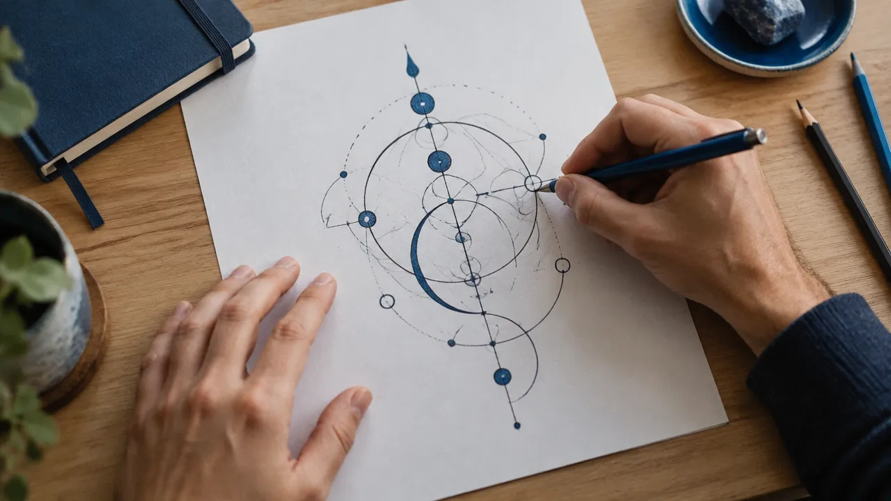 Pessoa desenhando um símbolo abstrato em papel como exercício de sigilização