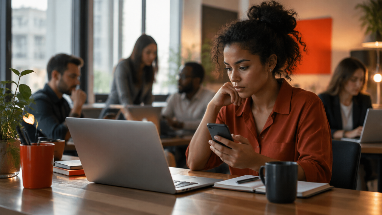 Pessoa dividindo a atenção entre telas e colegas em um ambiente de trabalho