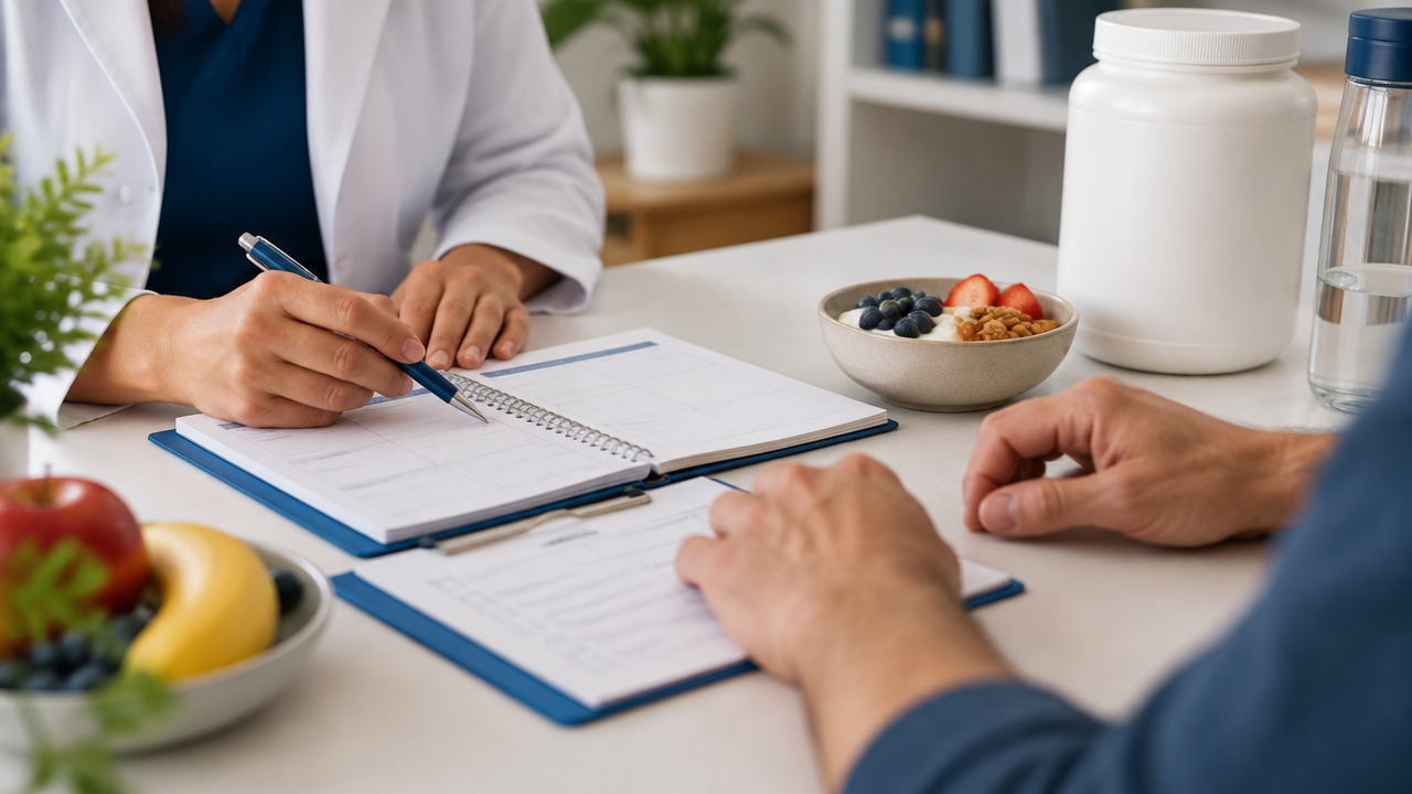 Pessoa e nutricionista avaliando uma rotina alimentar e um suplemento de proteína sem marca