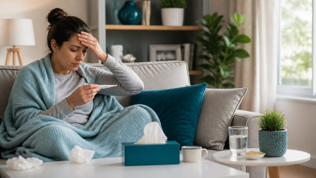 Pessoa em casa observando sintomas como febre, cansaço e congestão nasal