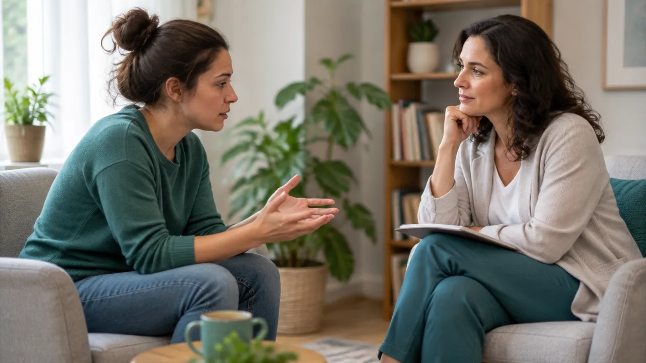 Pessoa em consulta acolhedora com profissional de saúde mental, conversando sobre sinais de esgotamento profissional.