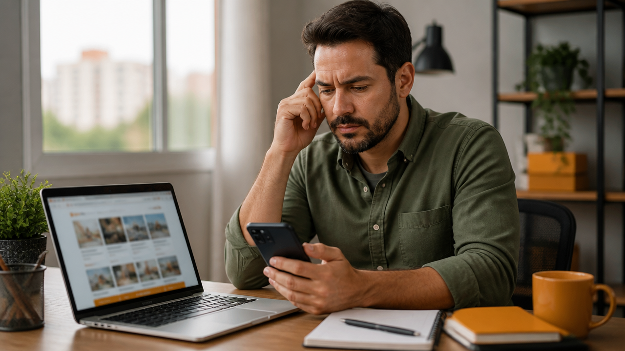 Pessoa em home office olhando celular e notebook após bloqueio de acesso em plataforma de vendas online