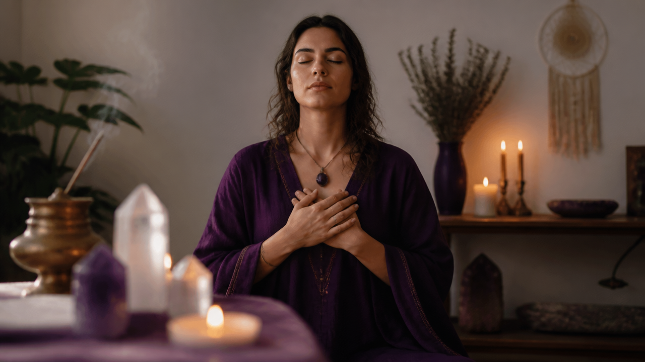 Pessoa em meditação breve antes do ritual, diante de um altar com luz suave de velas.