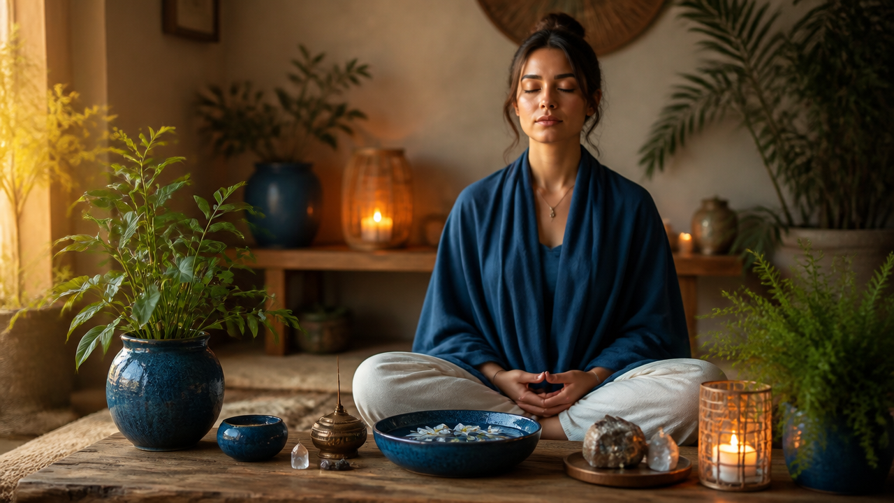 Pessoa em meditação diante de um altar simples para conexão espiritual e proteção energética.