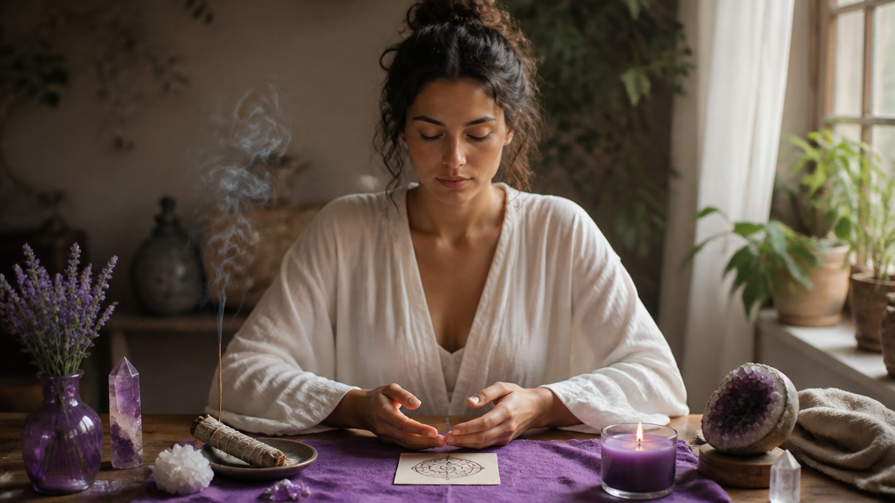 Pessoa em meditação diante de um sigilo sobre altar simples com luz suave
