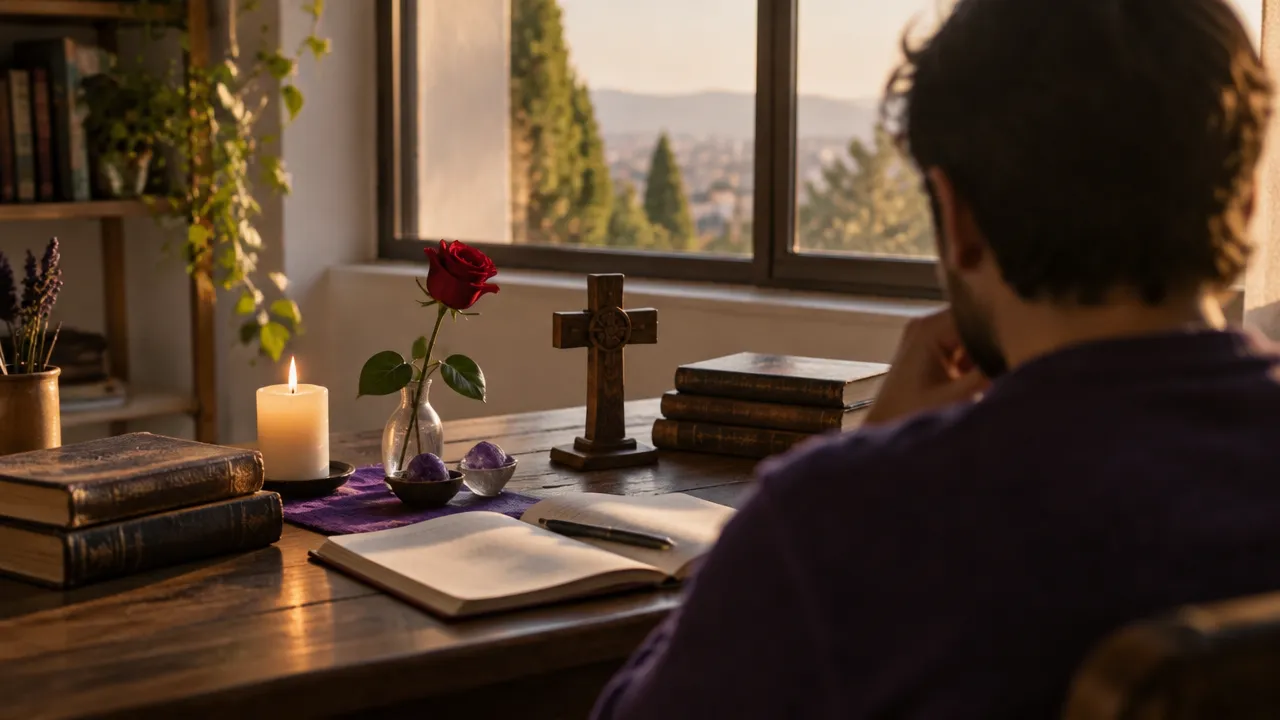 Pessoa em momento de estudo e reflexão diante de um caderno, uma rosa e livros, representando a busca interior.
