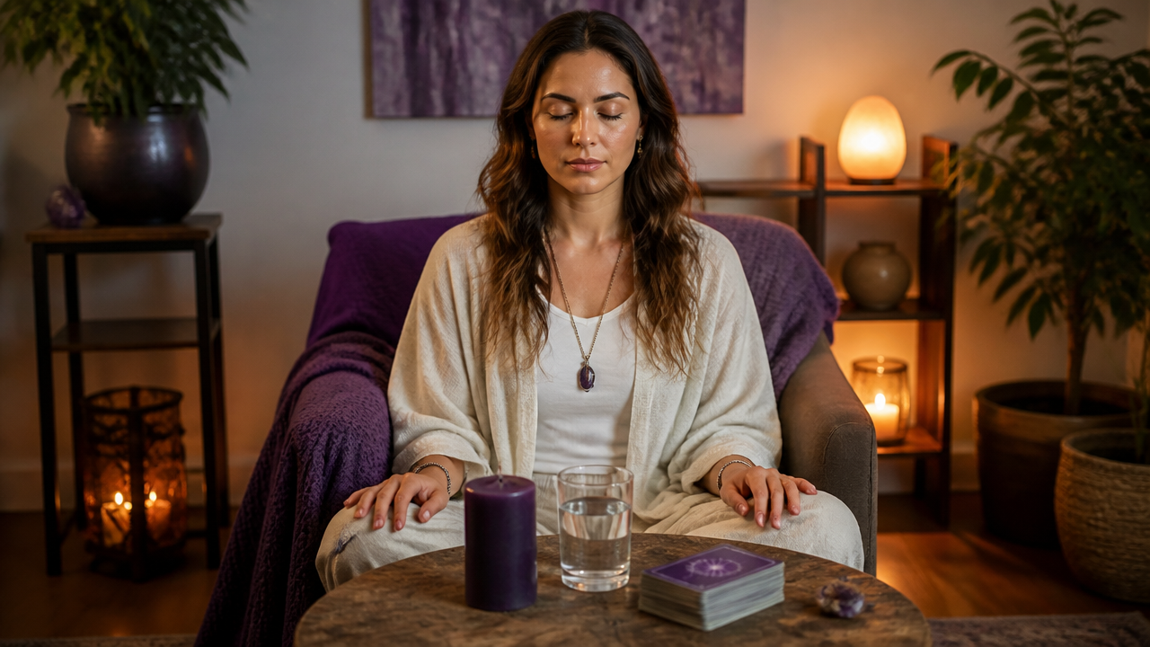 Pessoa em momento de recolhimento e proteção energética após sonhos intensos, ao lado de cartas de tarot
