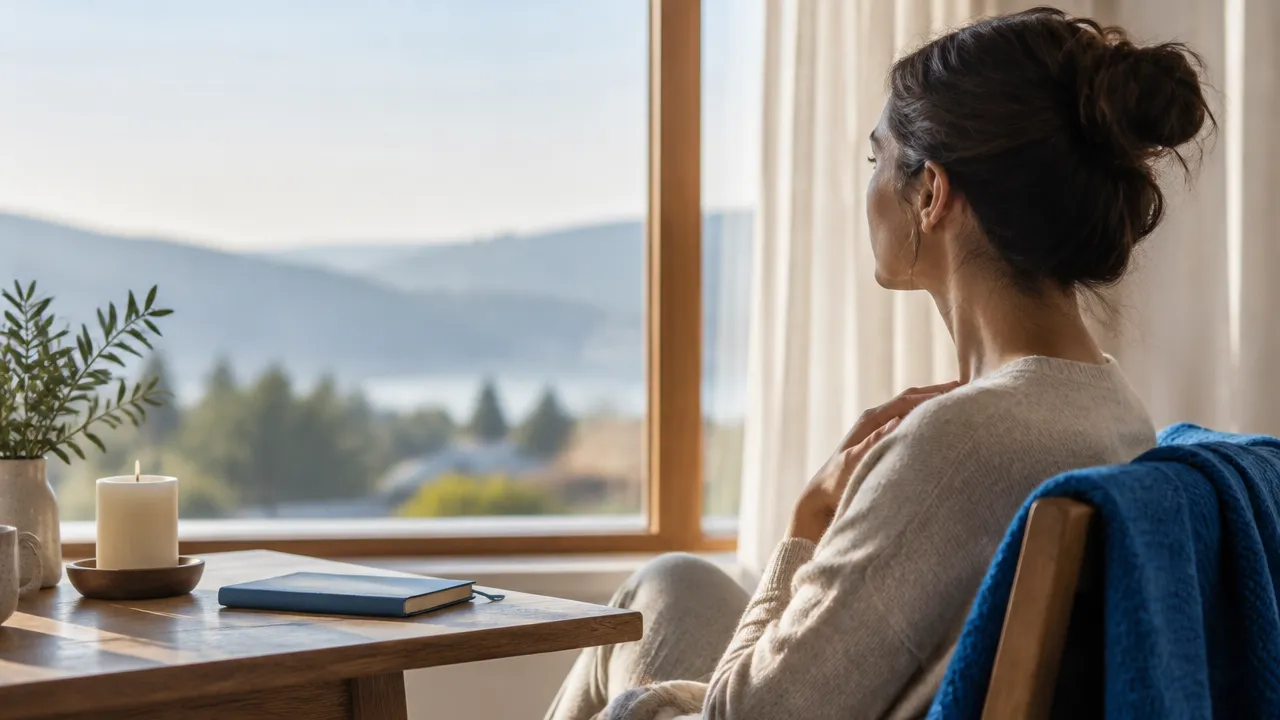 Pessoa em momento de reflexão consciente junto a uma janela, com vela apagada e caderno sobre a mesa