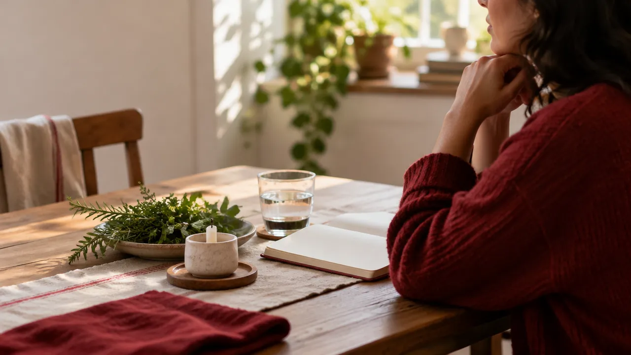 Pessoa em momento de reflexão junto a caderno, água e ervas em uma mesa tranquila
