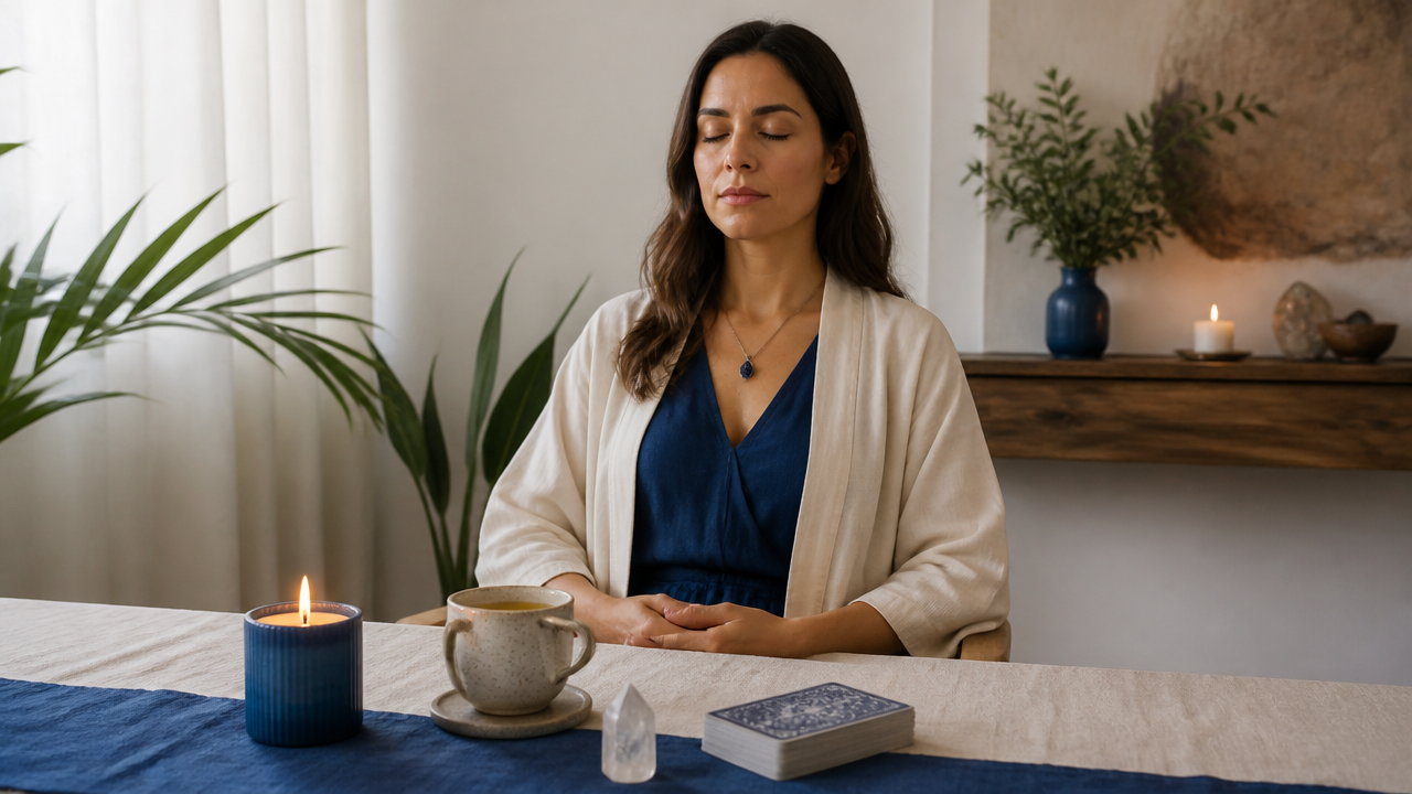 Pessoa em momento de respiração consciente antes de abrir um baralho de tarot