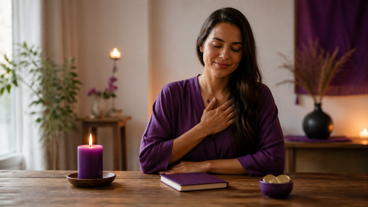 Pessoa em momento de tranquilidade após ritual de prosperidade com vela e moedas