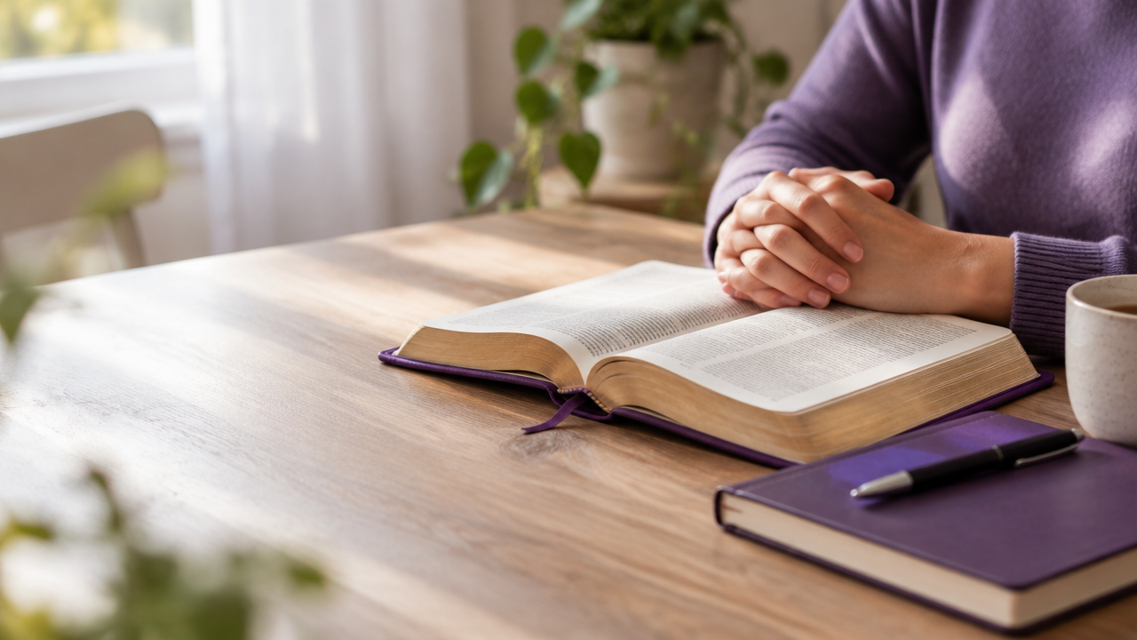 Pessoa em momento tranquilo de oração e reflexão diante de uma Bíblia aberta e um caderno.