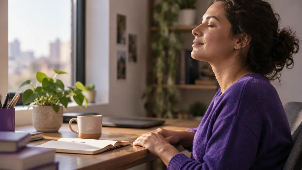 Pessoa em pausa contemplativa no trabalho, com caderno e respiração tranquila à luz natural