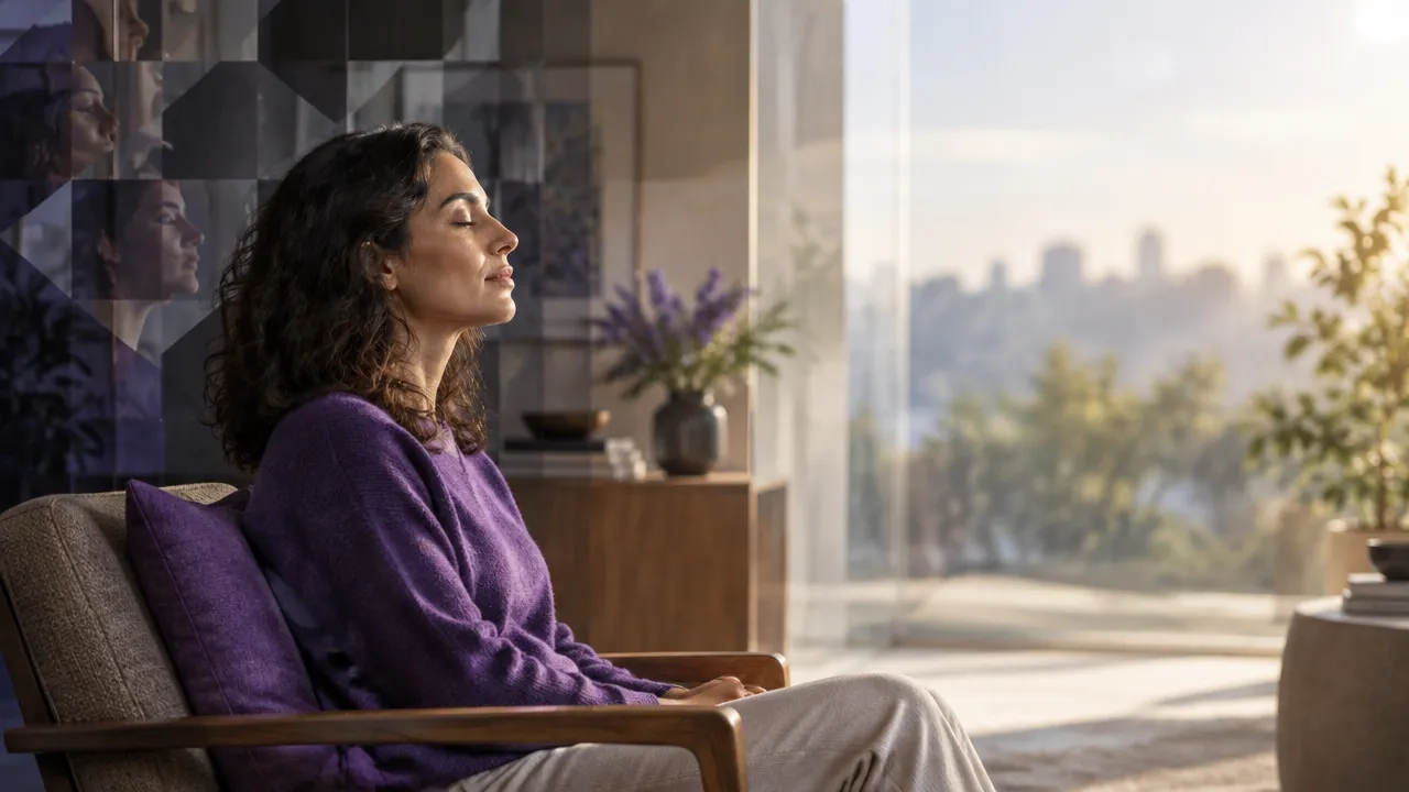 Pessoa em pausa reflexiva diante de uma composição luminosa que simboliza a integração de conflitos internos.