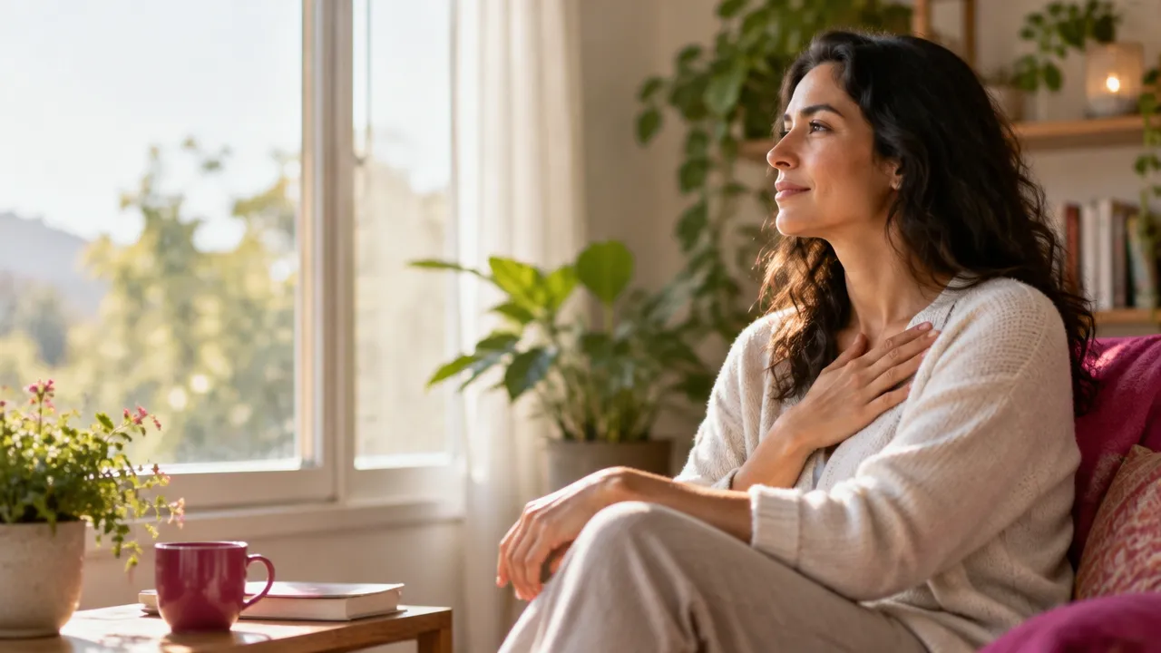 Pessoa em pausa reflexiva junto à janela, percebendo sinais de desequilíbrio emocional em um ambiente tranquilo