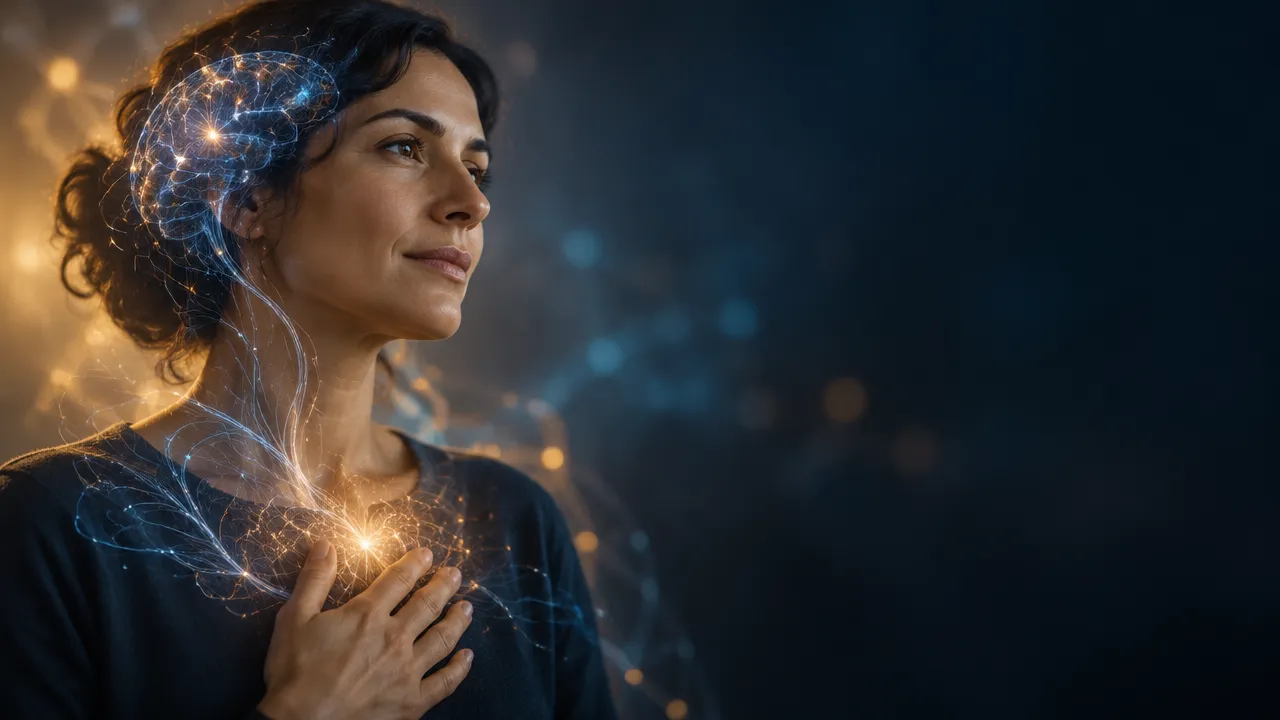 Pessoa em reflexão com conexões visuais sutis entre cérebro, emoções e sinais do corpo
