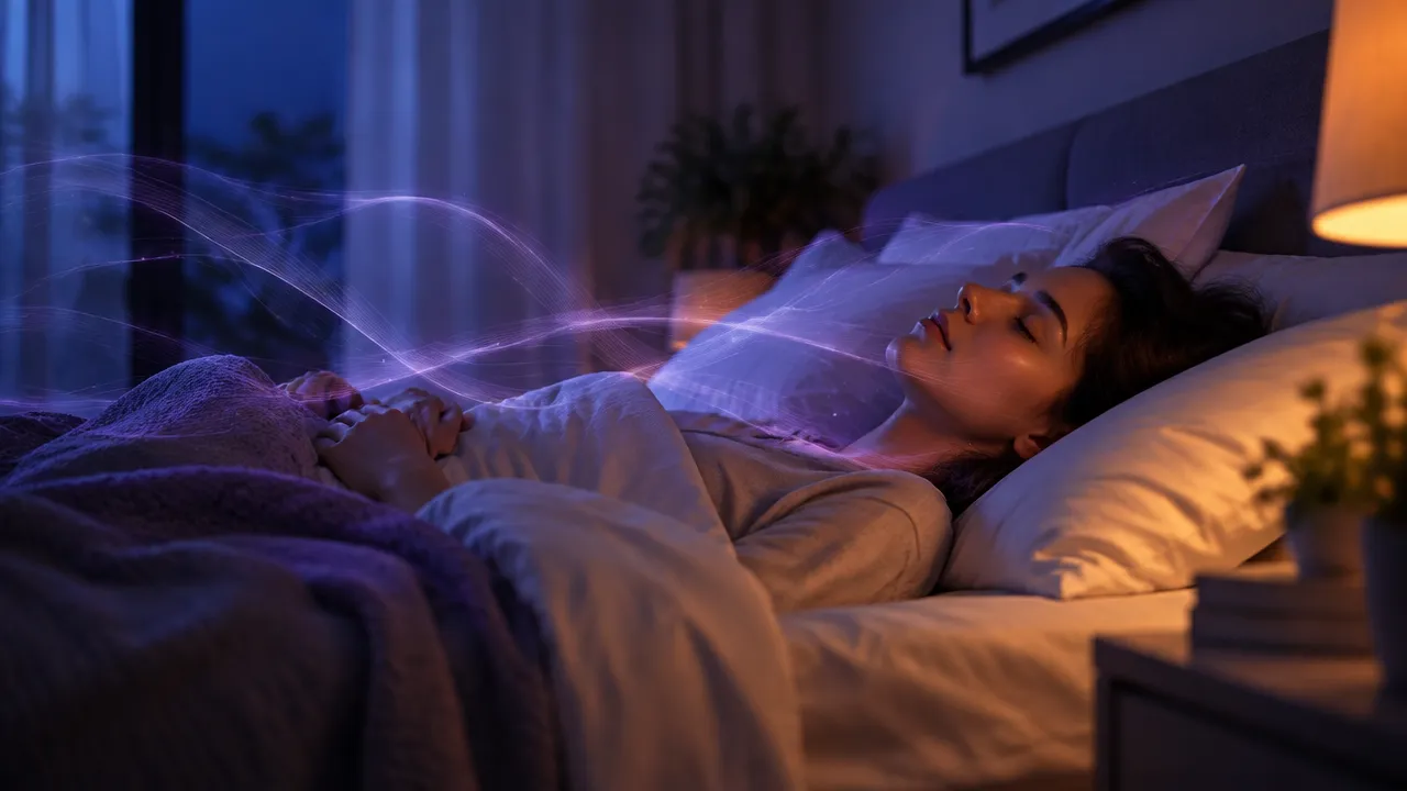 Pessoa em repouso durante a transição para o sono, com luzes suaves sugerindo sensações oníricas