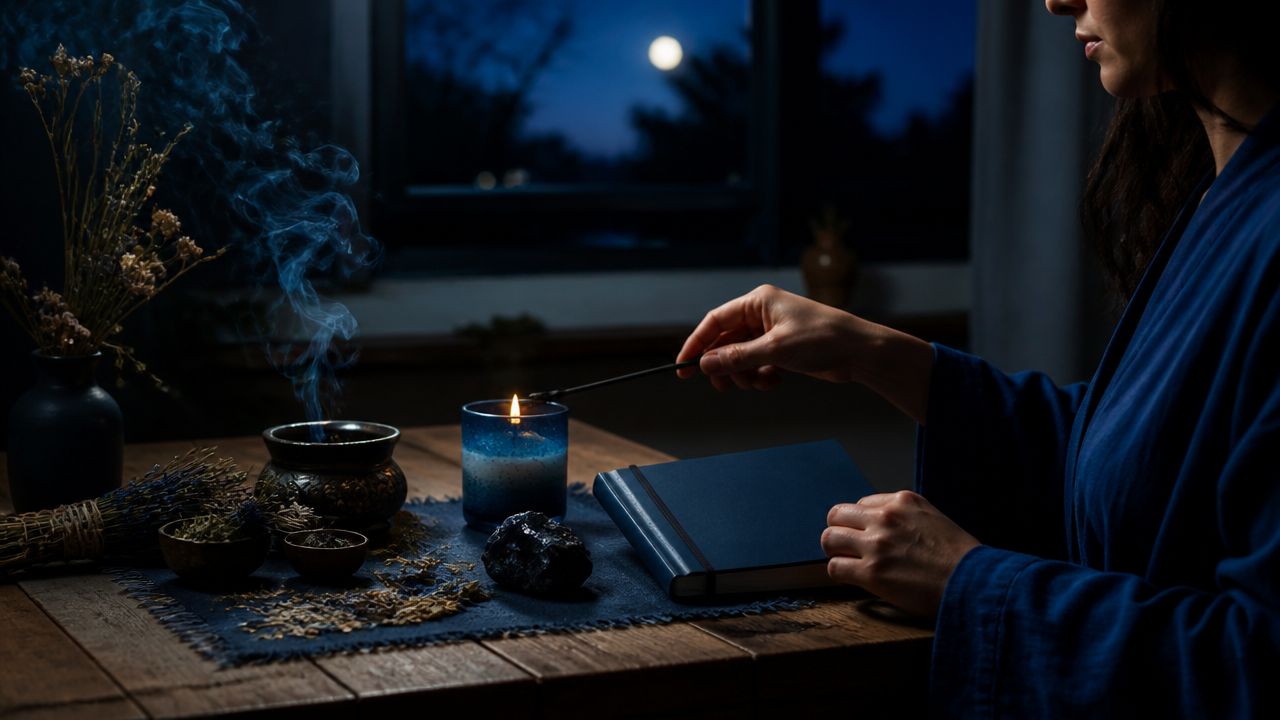 Pessoa encerrando ritual de lua minguante com caderno, vela e defumação suave