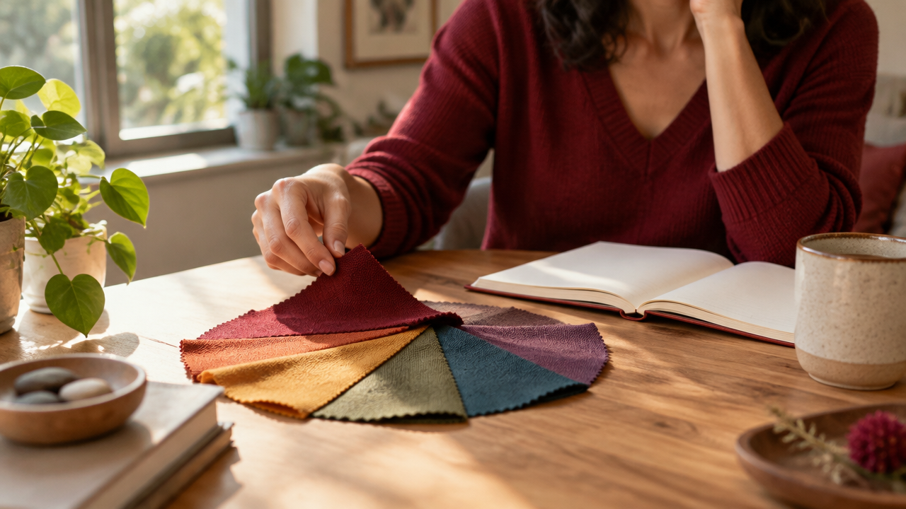 Pessoa escolhe amostras de tecidos coloridos em uma mesa iluminada naturalmente, como exercício de atenção e preferência pessoal.