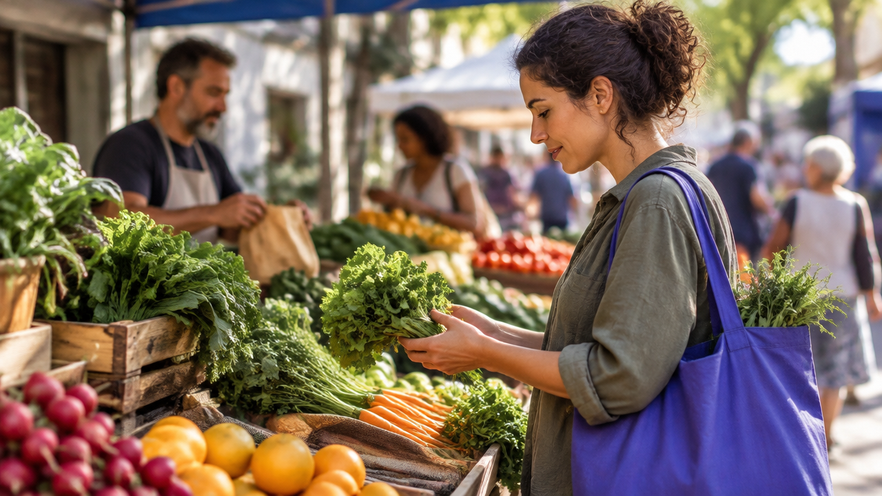 Pessoa escolhe frutas em uma feira urbana com uma sacola reutilizável, representando compras cotidianas mais conscientes.