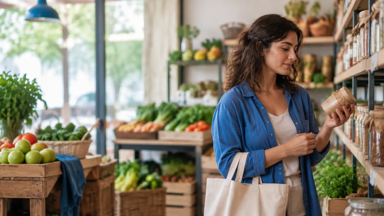 Pessoa escolhendo alimentos com atenção e sacola reutilizável em um mercado, representando o vínculo entre emoções e consumo consciente