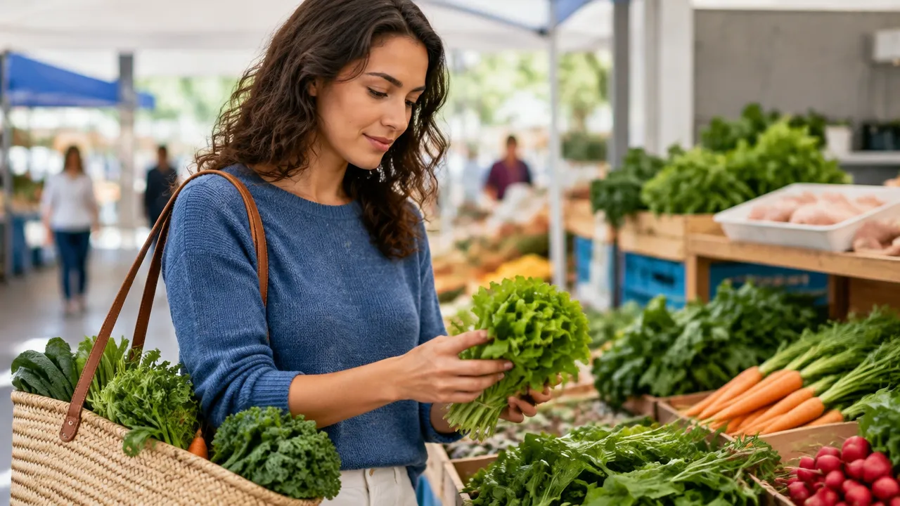 Pessoa escolhendo alimentos vegetais frescos como parte de uma decisão cotidiana consciente