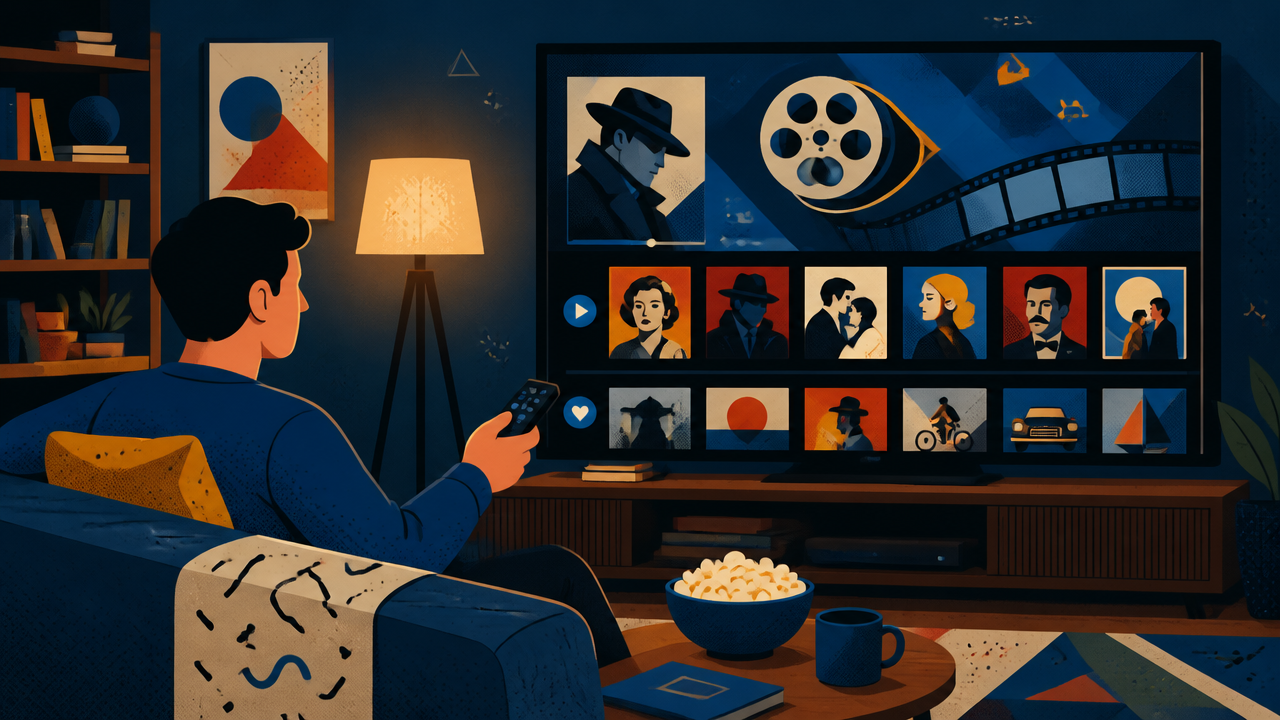 Pessoa escolhendo um clássico em uma interface genérica de streaming retrô