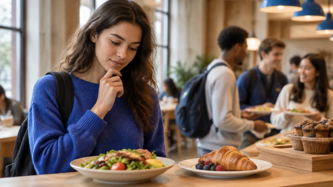 Pessoa escolhendo um lanche em uma cafeteria enquanto observa as escolhas de outras pessoas