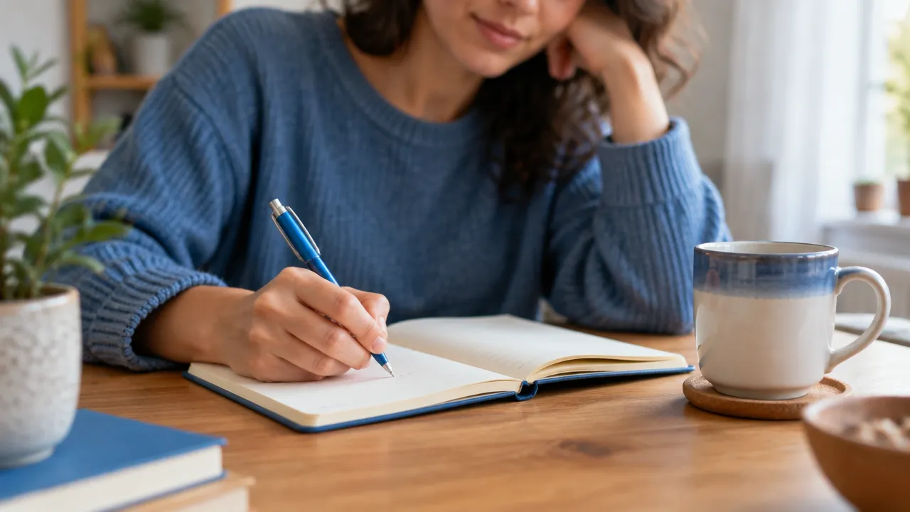 Pessoa escreve no caderno reflexões sobre experiências significativas do dia como prática de bem-estar.