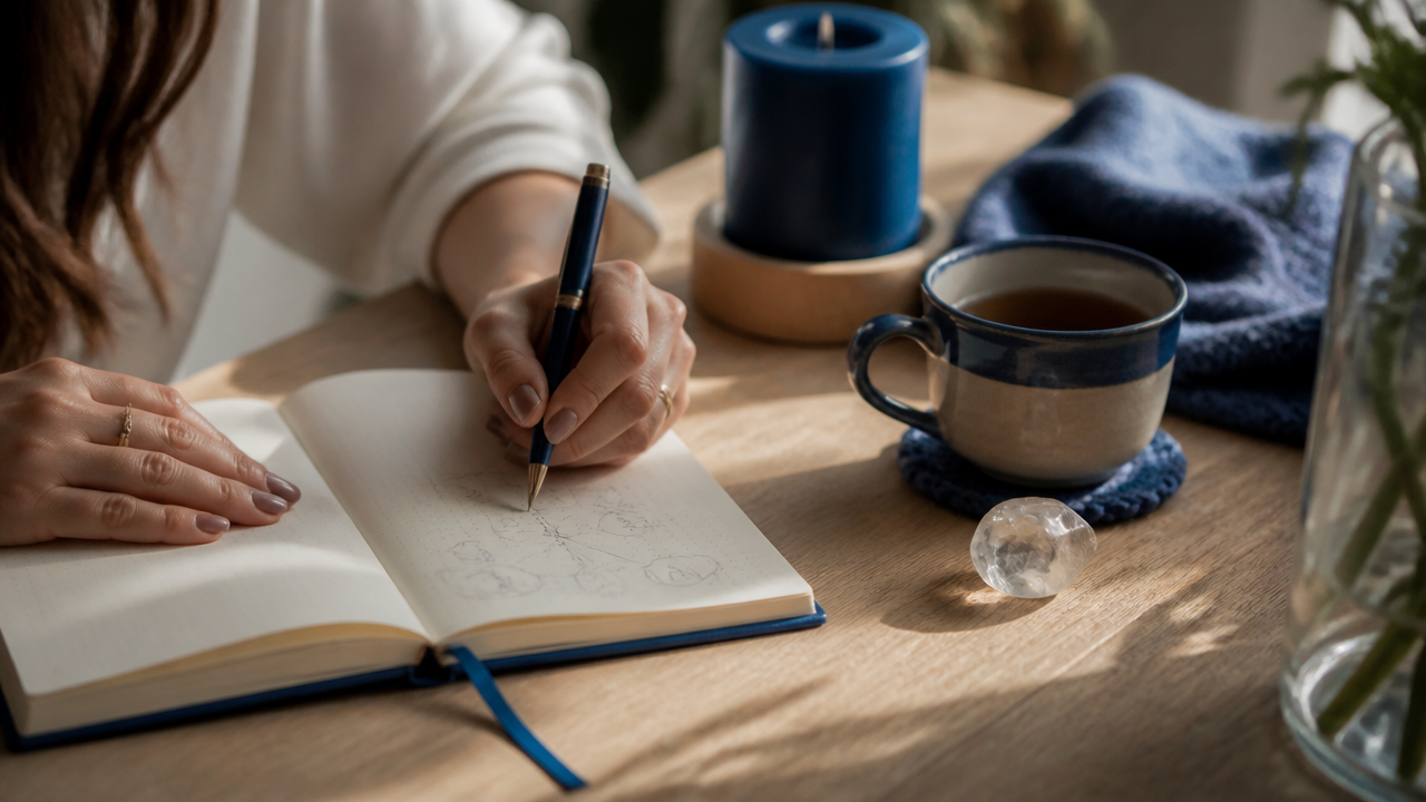 Pessoa escrevendo em caderno para observar padrões familiares e emoções recorrentes