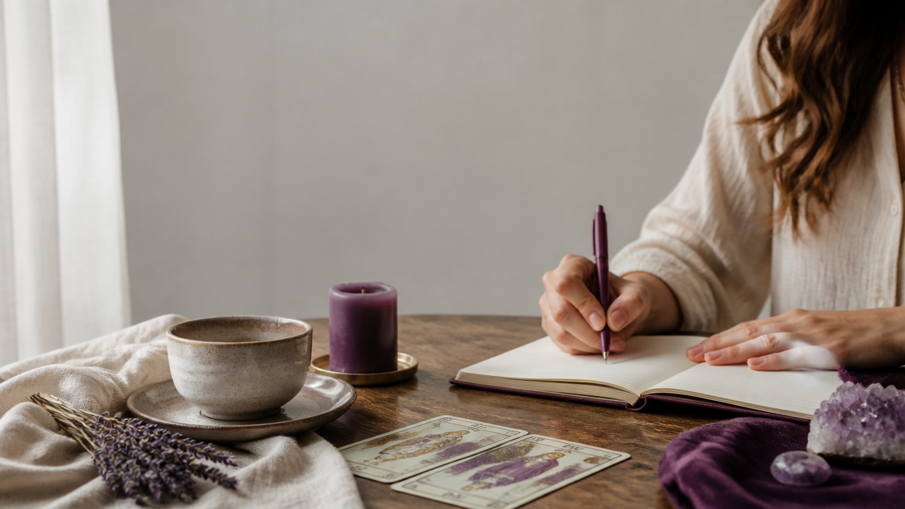Pessoa escrevendo em diário de bem-estar após leitura de tarot, com cartas e xícara de chá ao lado