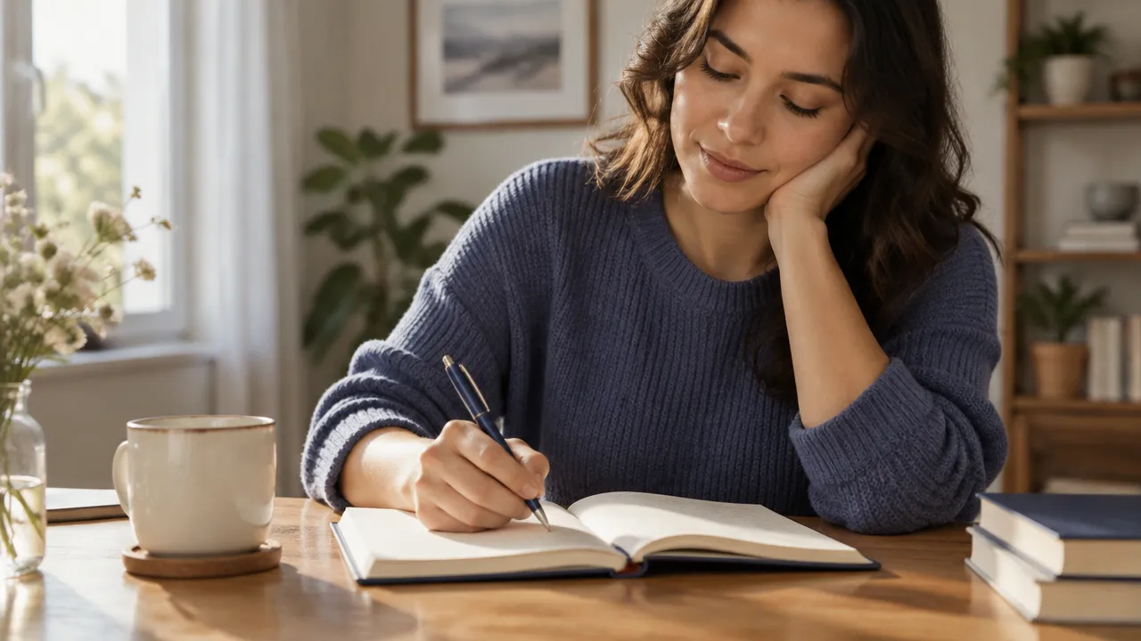 Pessoa escrevendo em um caderno durante exercício de reflexão e autocompaixão